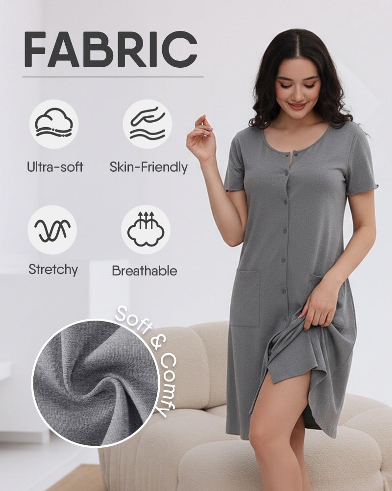 ZOOSIXX Nightgowns for Women - Short Sleeve Sleepwear Button Up Pajamas for Women V-Neck Sleepwear Dress with Pockets Black - Image 5