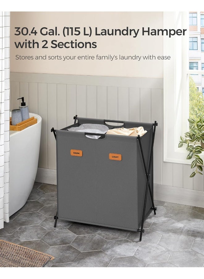 SONGMICS Laundry Hamper, Laundry Basket, 30.4 Gal. Laundry Sorter 2 Sections, Collapsible X-Frame, Clothes Organizer with Customizable Labels, Laundry Room, Bedroom, Bathroom, Slate Gray - Image 3
