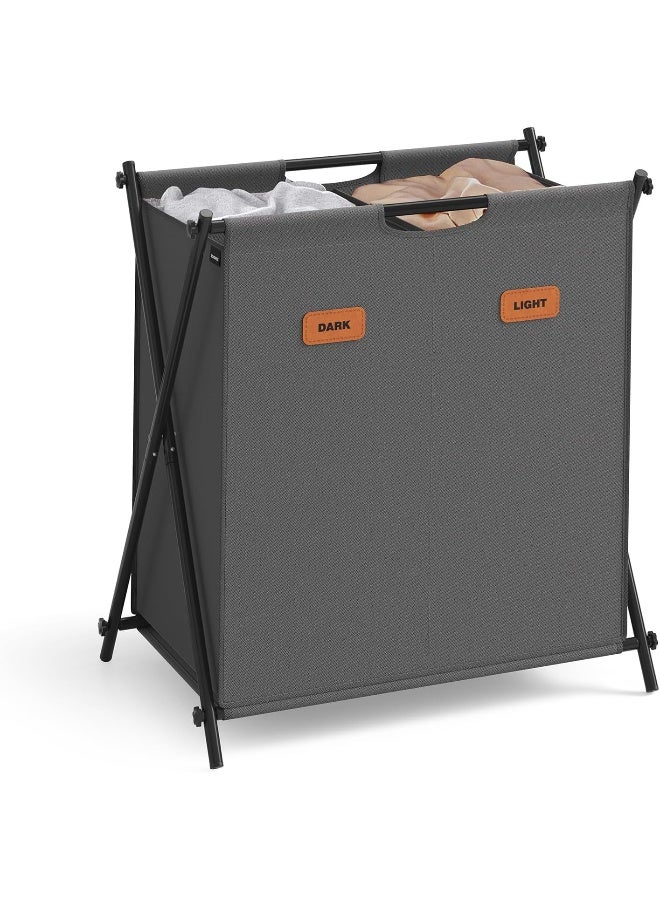 SONGMICS Laundry Hamper, Laundry Basket, 30.4 Gal. Laundry Sorter 2 Sections, Collapsible X-Frame, Clothes Organizer with Customizable Labels, Laundry Room, Bedroom, Bathroom, Slate Gray - Image 1