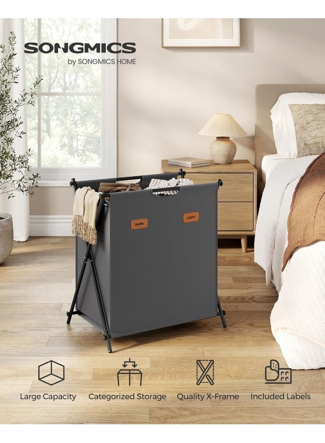 SONGMICS Laundry Hamper, Laundry Basket, 30.4 Gal. Laundry Sorter 2 Sections, Collapsible X-Frame, Clothes Organizer with Customizable Labels, Laundry Room, Bedroom, Bathroom, Slate Gray - Image 2