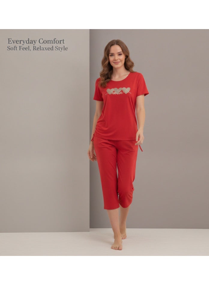 JOANNA 2-Piece Pajama Set Short Sleeve Heart Print Top and Capri Pants Soft Sleepwear - Image 5