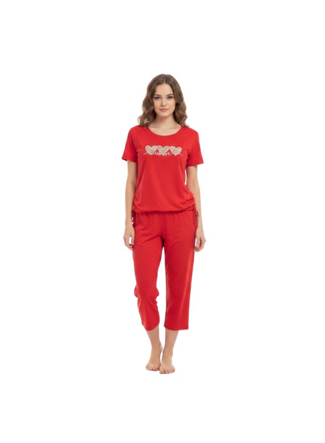 JOANNA 2-Piece Pajama Set Short Sleeve Heart Print Top and Capri Pants Soft Sleepwear - Image 1