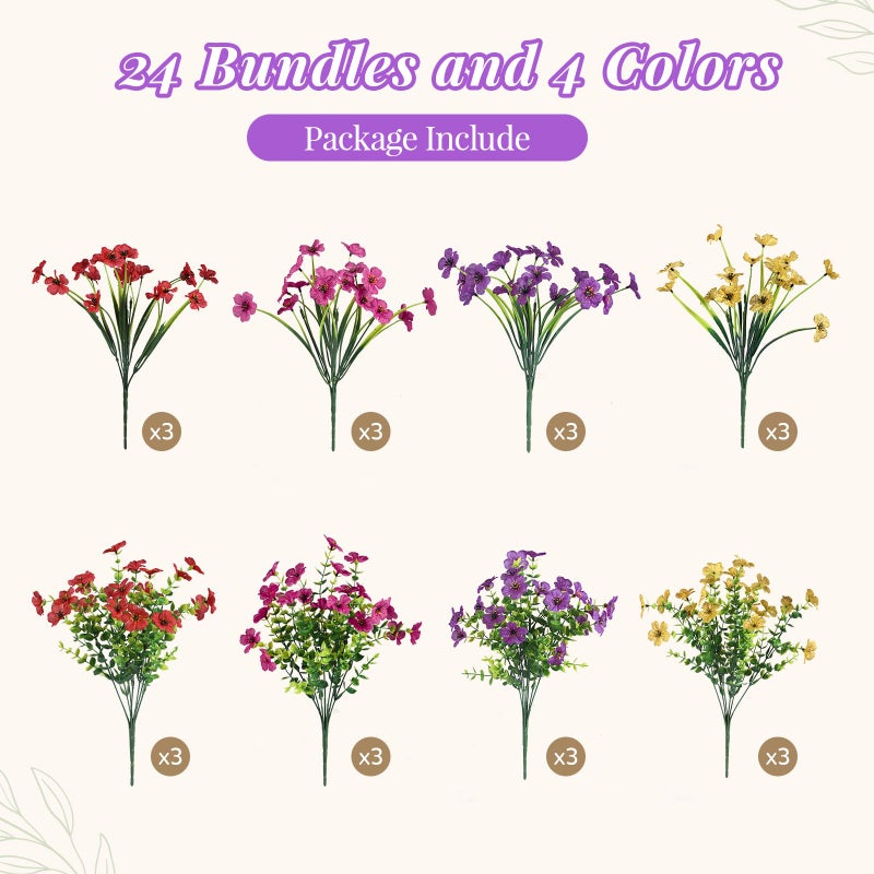 Alupssuc 24 Bundles Artificial Faux Flowers for Outdoors Decoration  UV Resistant Eucalyptus Violets Fake Stem Plants for Outside Garden Yard Porch Window Indoor Home Decor(Mix 4 Colors) - Image 2
