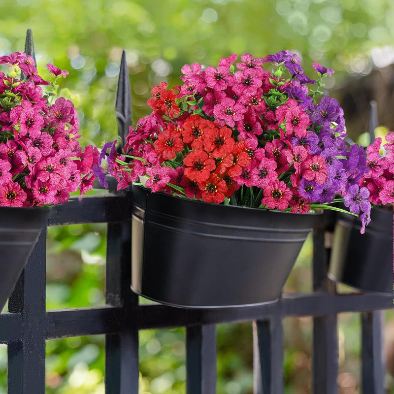 Alupssuc 24 Bundles Artificial Faux Flowers for Outdoors Decoration  UV Resistant Eucalyptus Violets Fake Stem Plants for Outside Garden Yard Porch Window Indoor Home Decor(Mix 4 Colors) - Image 4