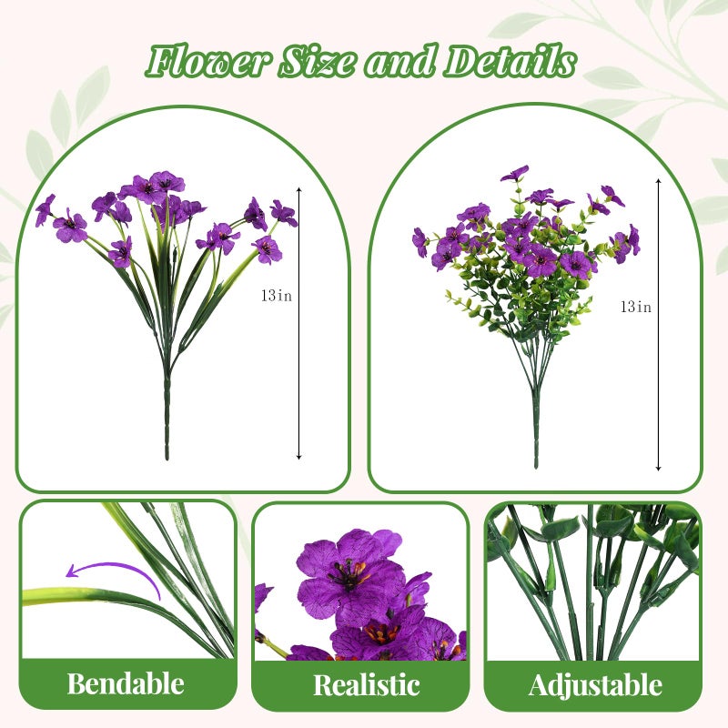Alupssuc 24 Bundles Artificial Faux Flowers for Outdoors Decoration  UV Resistant Eucalyptus Violets Fake Stem Plants for Outside Garden Yard Porch Window Indoor Home Decor(Mix 4 Colors) - Image 3