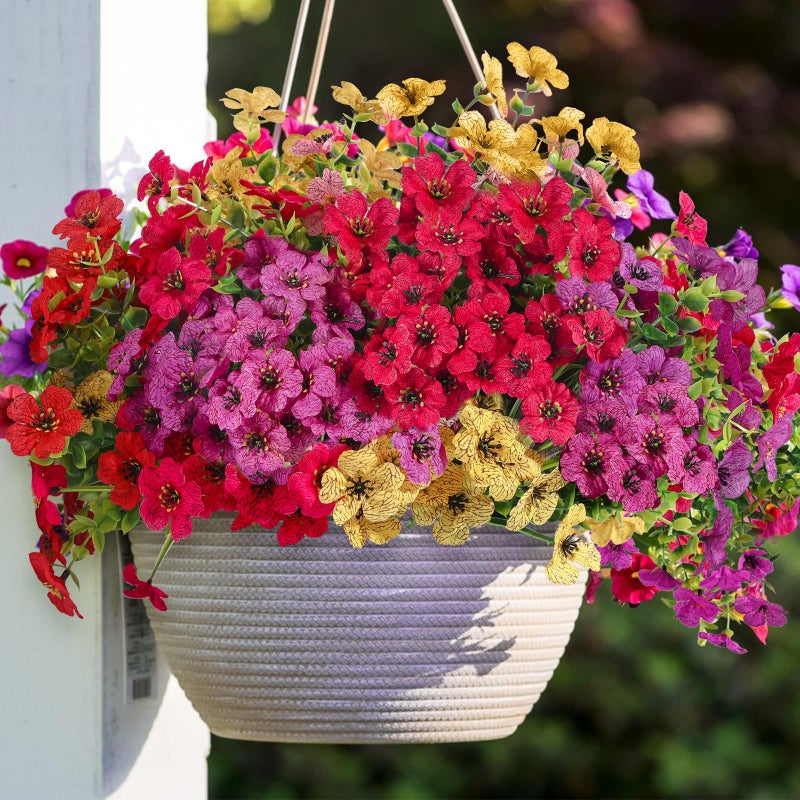 Alupssuc 24 Bundles Artificial Faux Flowers for Outdoors Decoration  UV Resistant Eucalyptus Violets Fake Stem Plants for Outside Garden Yard Porch Window Indoor Home Decor(Mix 4 Colors) - Image 1