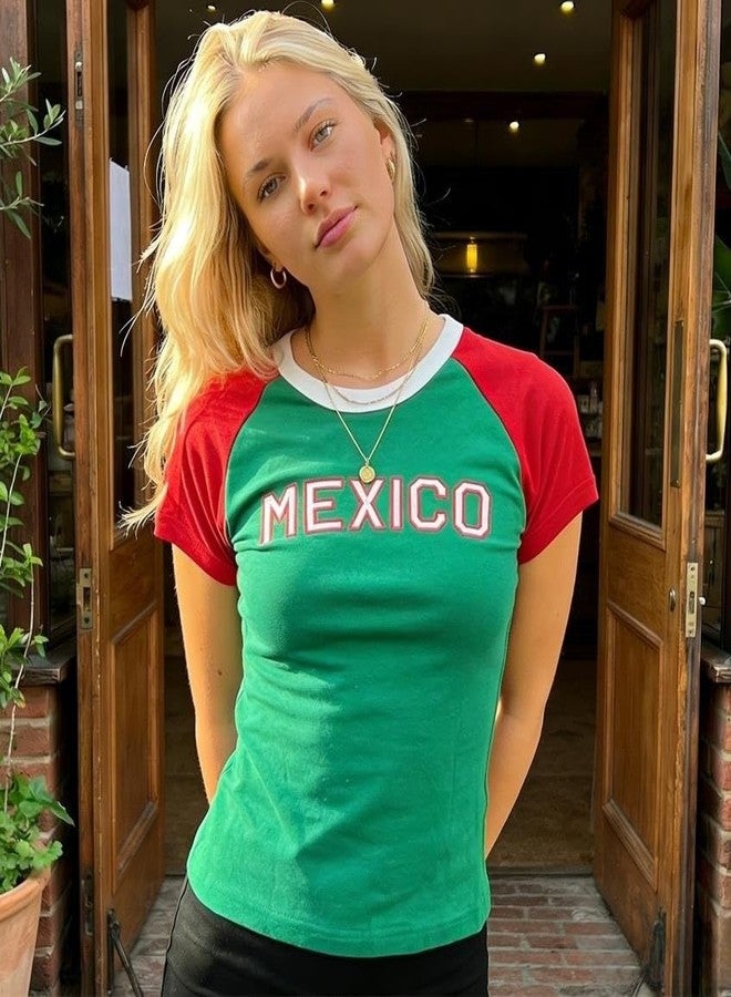 Aonoapll Women Vintage Graphic Baby Tees Y2k Mexico Crop Top 90s Mexican Jersey Shirts Summer Cropped Tee Streetwear(Red Green,Small) - Image 2