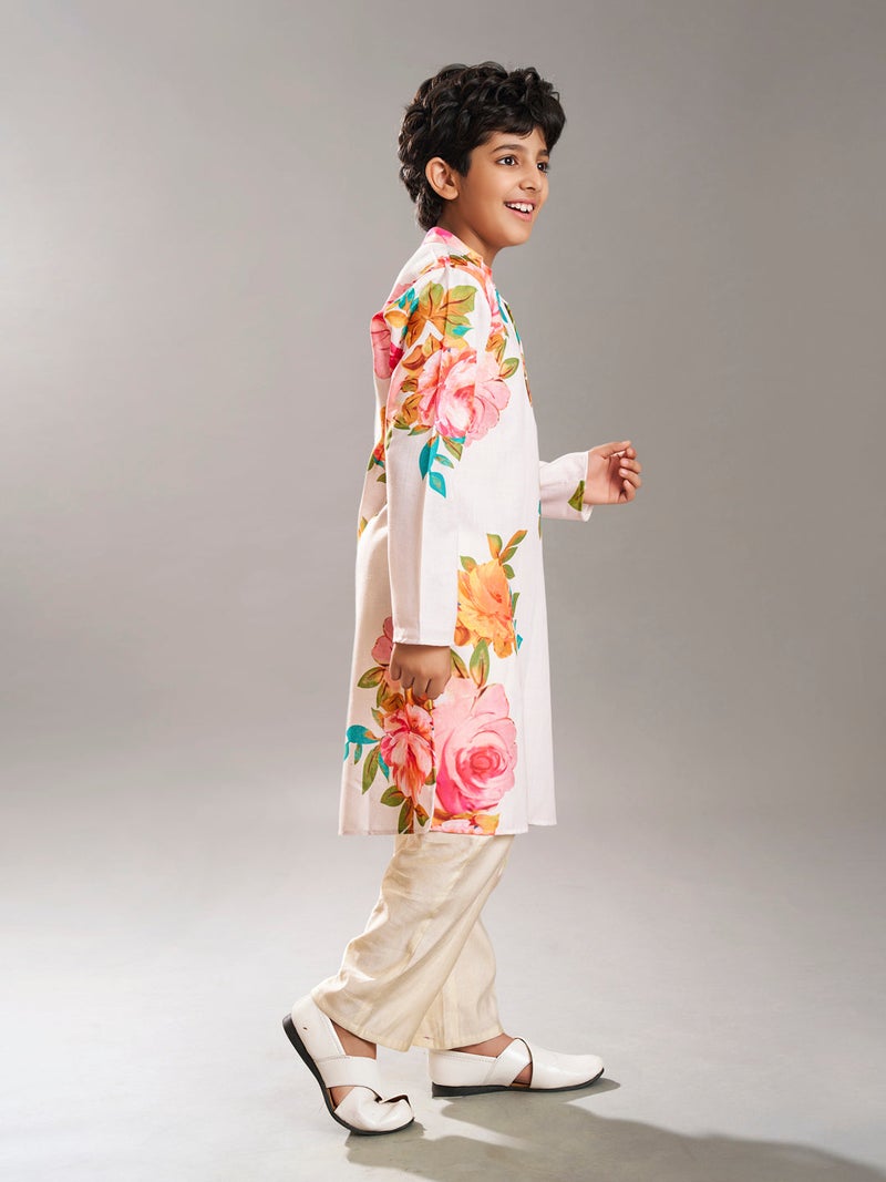 PRASHA Boys off white floral printed  kurta with a off  white pajama - Image 3