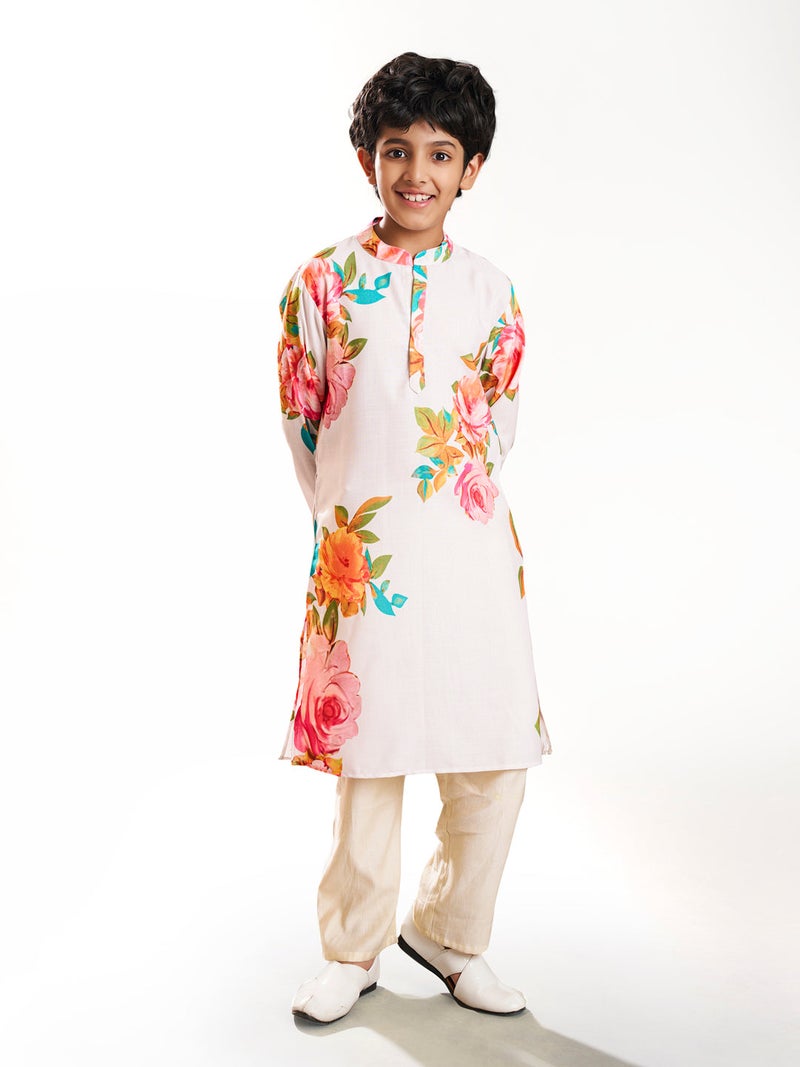 PRASHA Boys off white floral printed  kurta with a off  white pajama - Image 1