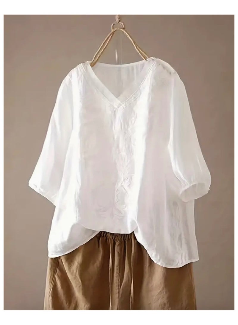 SOLOBUY Summer shirt, Sleeves 3/4, White color With Embroidery - Image 1