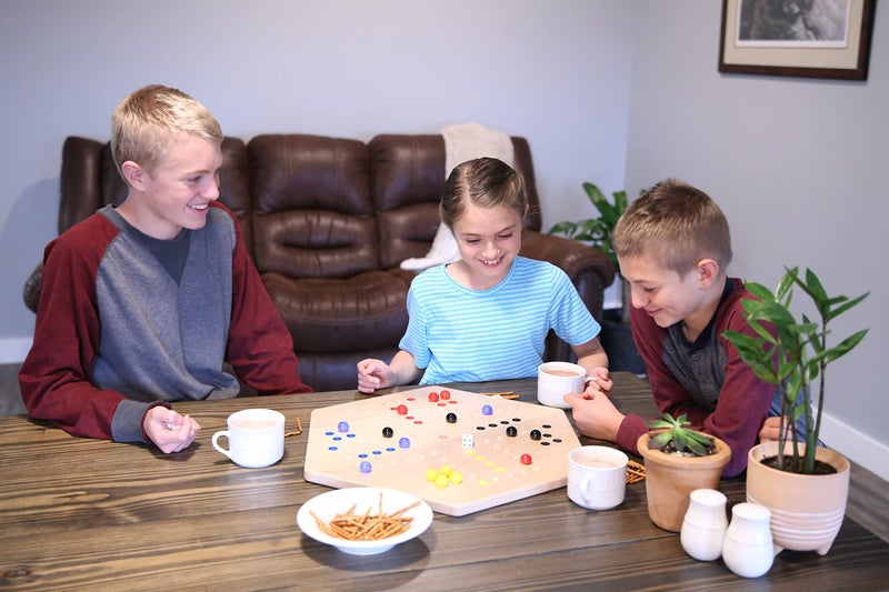 AmishToyBox.com Wahoo Wooden Marble Game Board Set - Large 24" Wide - Solid Maple Wood - Double-Sided - with Large 22mm Marbles and Dice Included - Image 2