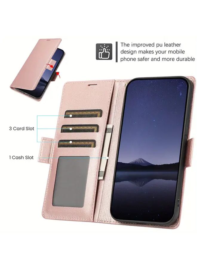 غطاء هاتف من الجلد الصناعي قابل للطي لهاتف Galaxy S24 Plus باللون الوردي الذهبي مع فتحة للبطاقة - Image 5
