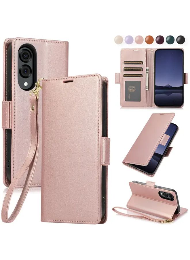 غطاء هاتف من الجلد الصناعي قابل للطي لهاتف Galaxy S24 Plus باللون الوردي الذهبي مع فتحة للبطاقة - Image 1