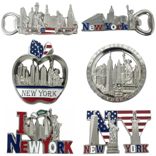 6 Pack Silver Bundle NYC Metal Fridge Magnets New York Souvenir Empire State Building Skylines Statue of Liberty Brooklyn Bridge Big Apple USA Flag Fridge Magnet Bottle Opener