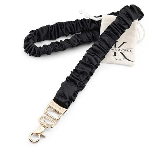 MyfavoriteK Stylish Scrunchie Lanyard for ID Badges Cute Neck Stretchy Lanyard for Keys Retractable Keychain Holder (Black) - Image 1
