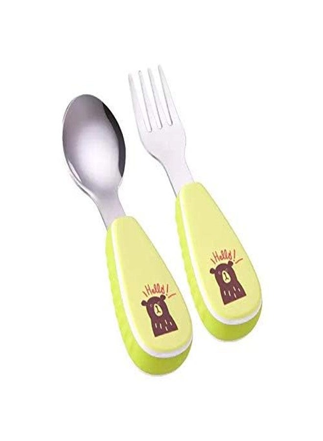KAPO Stainless Steel Spoon & Fork Cutlery Set for Kids Boys Girls with Storage Carrying Case with Silicone Grip (Green) - Image 1