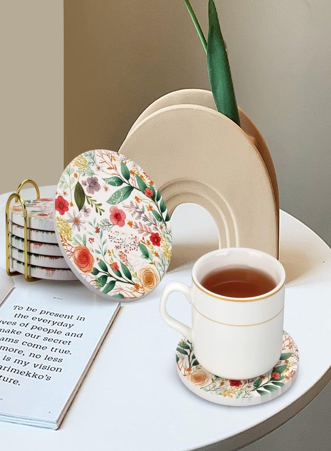 Deceram 6 Pack Cute Flower Drink Coasters with Holder Funny Ceramic Absorbent Coaster Set of 6 Decorative Coffee Table Decor Gift Unique Desk Vintage Outdoor Coster Modern Cool Floral Tea Cup Boho Coasters - Image 3