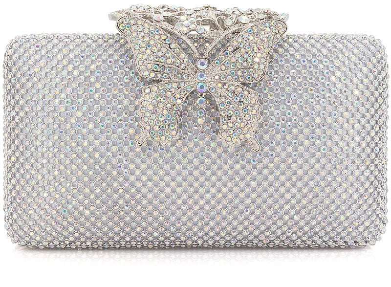 DEXMAY DM Dexmay Rhinestone Crystal Clutch Purse Butterfly Clasp Women Evening Bag for Formal Party AB Silver - Image 1