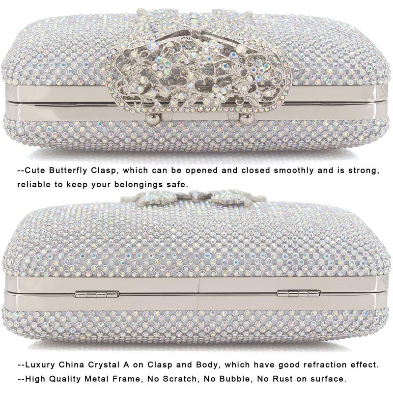 DEXMAY DM Dexmay Rhinestone Crystal Clutch Purse Butterfly Clasp Women Evening Bag for Formal Party AB Silver - Image 4