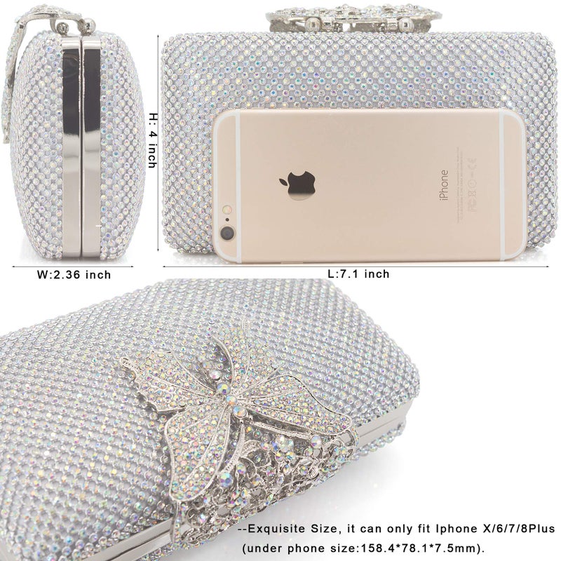 DEXMAY DM Dexmay Rhinestone Crystal Clutch Purse Butterfly Clasp Women Evening Bag for Formal Party AB Silver - Image 5