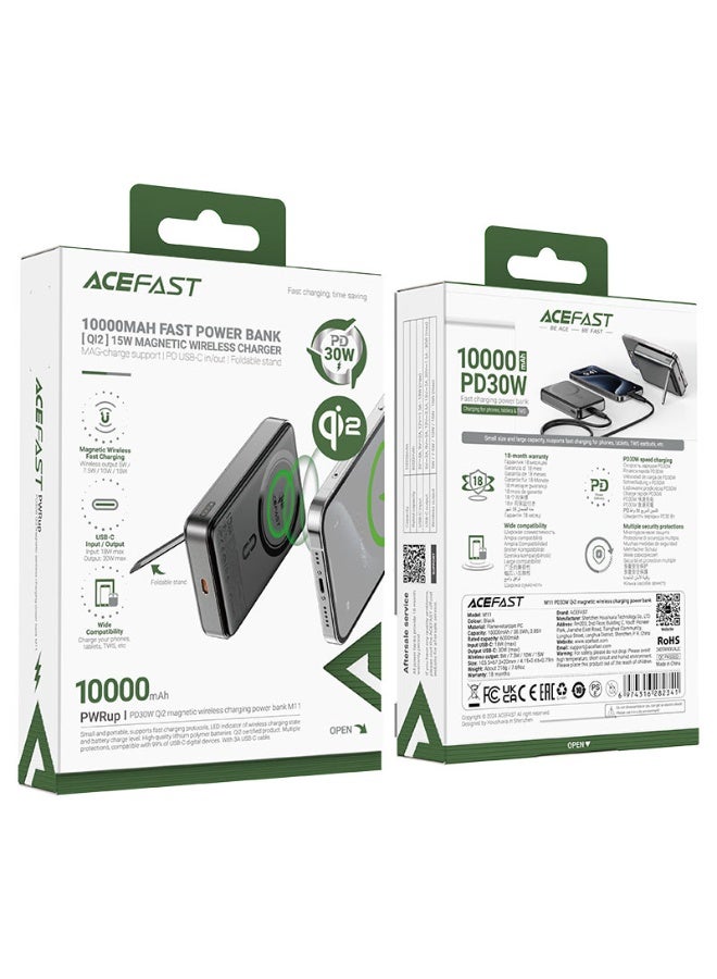 ACEFAST Power Bank 10,000mAh, Magnetic Wireless Fast Charging PD 30W, Qi2 certified, Built-in foldable stand, USB-C Port, (M11) - Black - Image 5