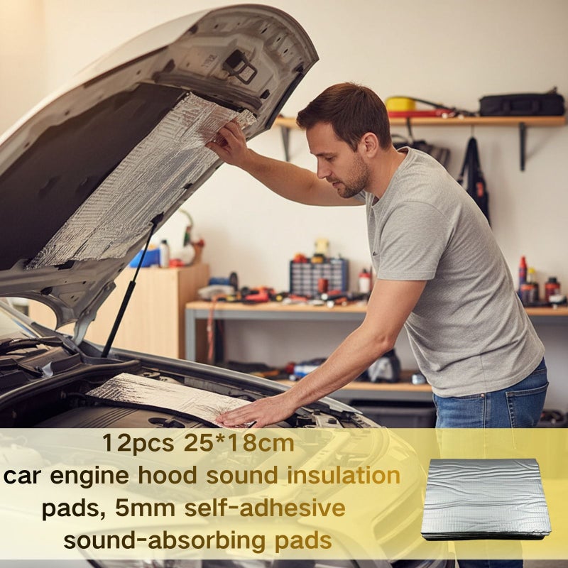 Set Of 12 Silvery Car Hood Soundproofing Pads 5mm Thick Self Adhesive Sound Dampening For Engine Noise Reduction And Under Hood Heat Insulation - Image 1