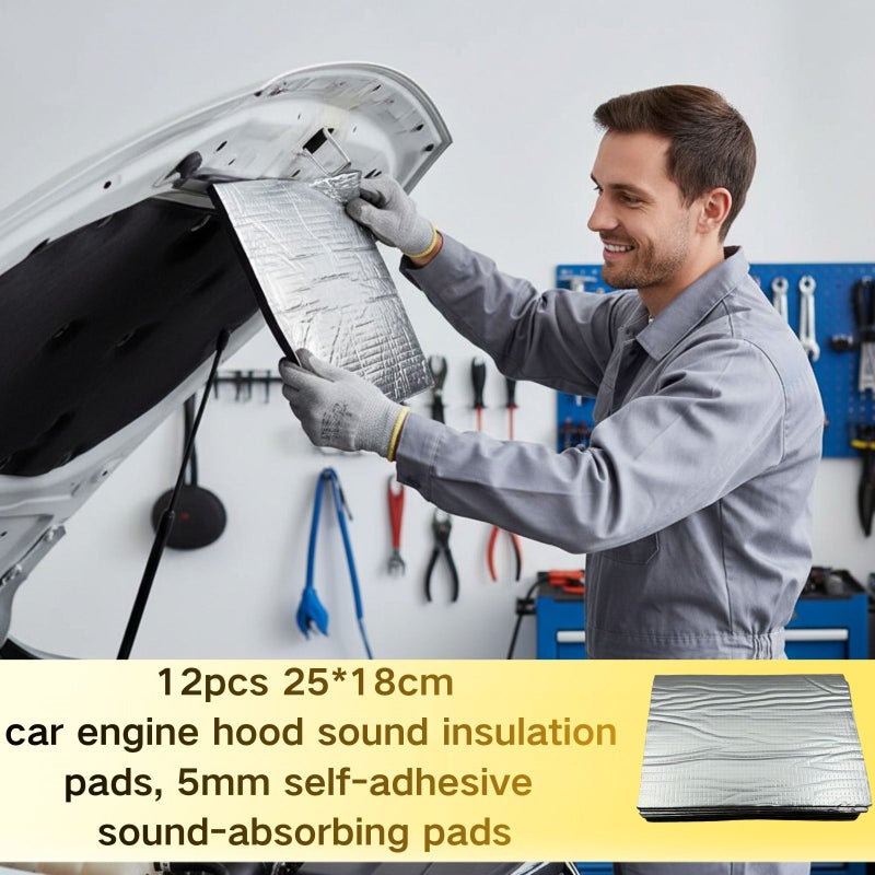 Set Of 12 Silvery Car Hood Soundproofing Pads 5mm Thick Self Adhesive Sound Dampening For Engine Noise Reduction And Under Hood Heat Insulation - Image 2