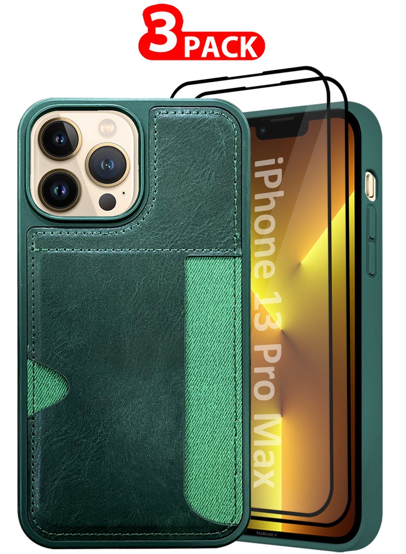 CATANES iPhone 13 Pro Max 3Packs Case Leather Antifingerprint Cover with Wallet Card Slot Shell, Side Insert Card Holder, Anti Fall Protection - Green  - Image 1