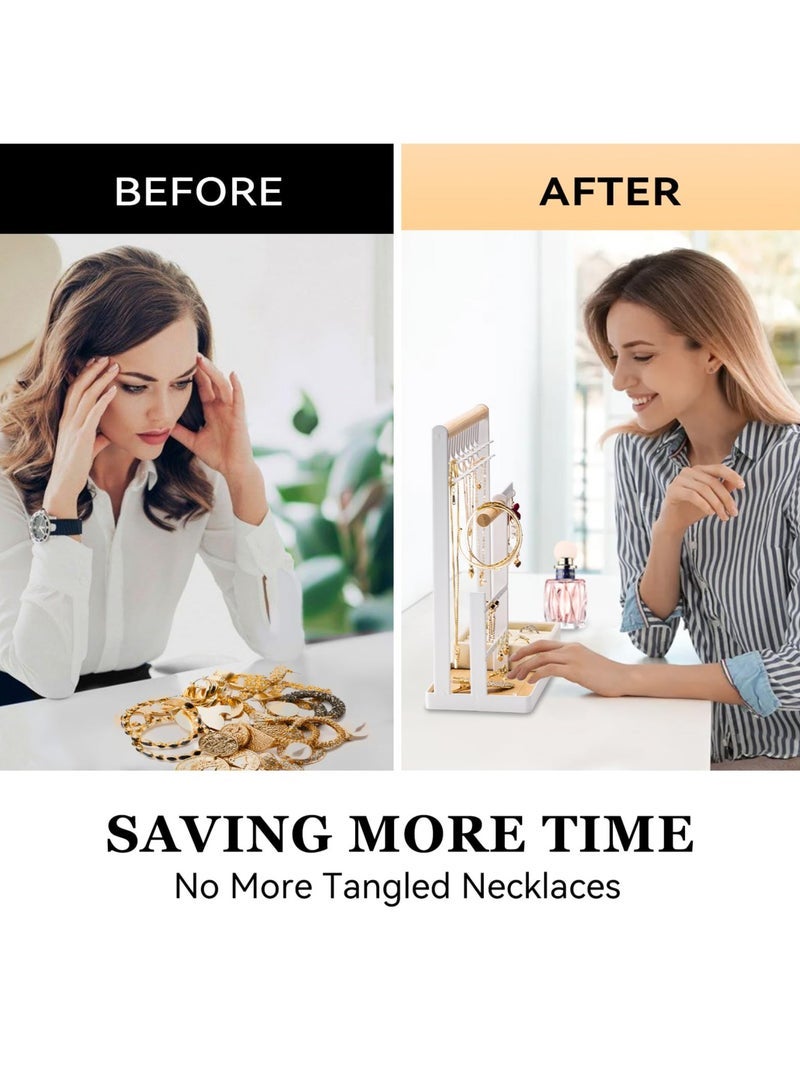 كابتن تيك Jewelry Organizer Stand with Velvet Ring Holder, 4 Tier Jewelry Holder Organizer with 15 Hooks Necklace Organizer and Bracket Holder, Jewelry Stand with 16 Holes for Earring Holder, White - Image 3