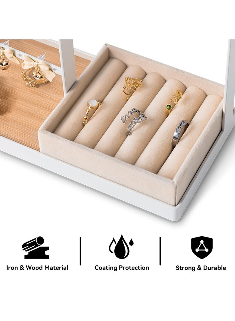 كابتن تيك Jewelry Organizer Stand with Velvet Ring Holder, 4 Tier Jewelry Holder Organizer with 15 Hooks Necklace Organizer and Bracket Holder, Jewelry Stand with 16 Holes for Earring Holder, White - Image 4