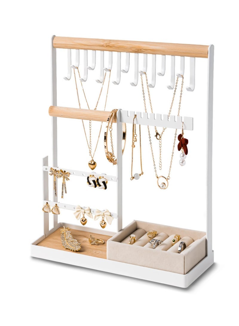 كابتن تيك Jewelry Organizer Stand with Velvet Ring Holder, 4 Tier Jewelry Holder Organizer with 15 Hooks Necklace Organizer and Bracket Holder, Jewelry Stand with 16 Holes for Earring Holder, White - Image 1