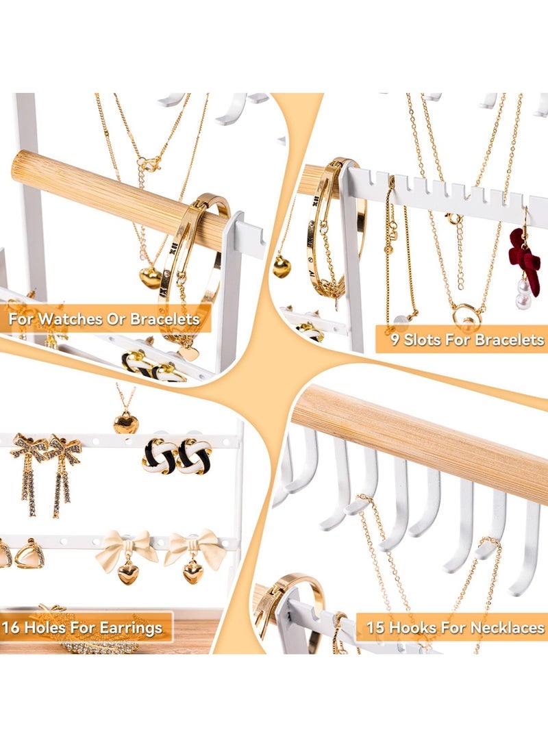 كابتن تيك Jewelry Organizer Stand with Velvet Ring Holder, 4 Tier Jewelry Holder Organizer with 15 Hooks Necklace Organizer and Bracket Holder, Jewelry Stand with 16 Holes for Earring Holder, White - Image 5