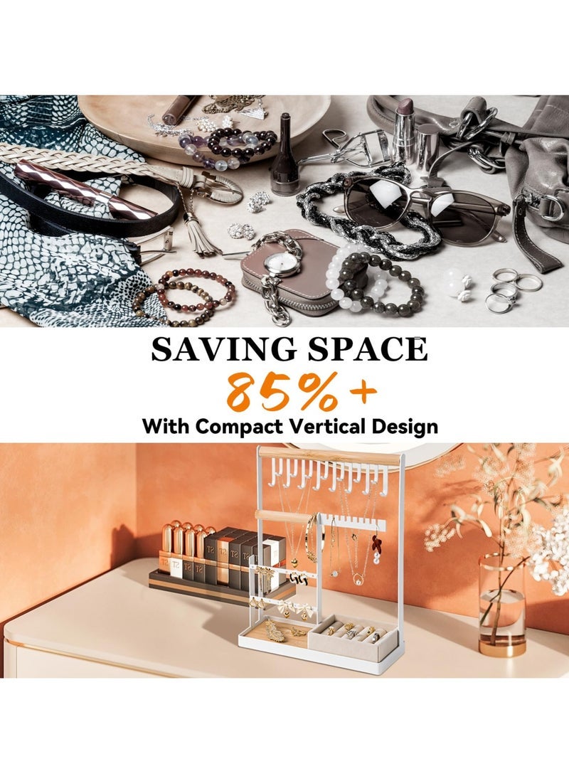 كابتن تيك Jewelry Organizer Stand with Velvet Ring Holder, 4 Tier Jewelry Holder Organizer with 15 Hooks Necklace Organizer and Bracket Holder, Jewelry Stand with 16 Holes for Earring Holder, White - Image 2