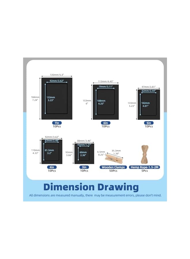 The Bros 105pcs 3in 4in 5in 6in 7in Cardboard Picture Frames, Black DIY Cardboard Photo Hanging Display, Paper Picture Frame with Clips and Strings for Home School Party Office Wall Decor - Image 2