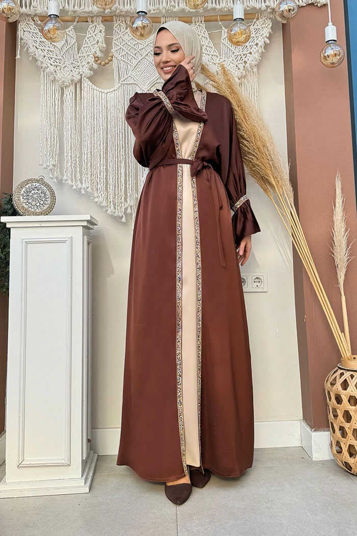 Bym Fashion Stone Embroidery Detailed Belted Dress Abaya Suit 3860 Brown  - Image 1