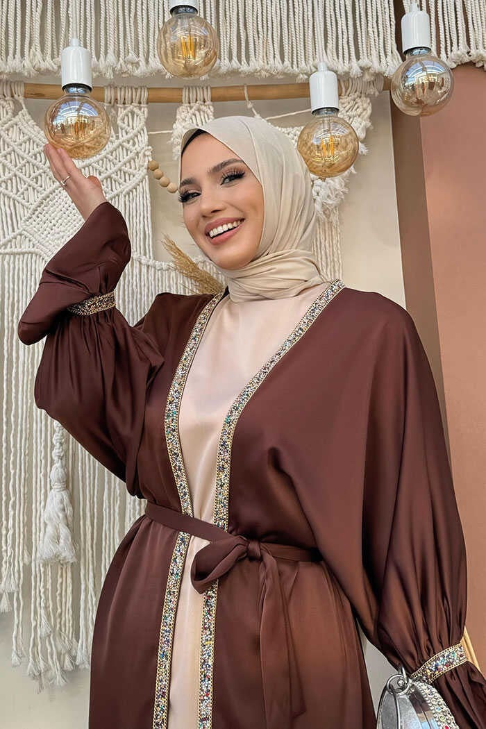 Bym Fashion Stone Embroidery Detailed Belted Dress Abaya Suit 3860 Brown  - Image 4