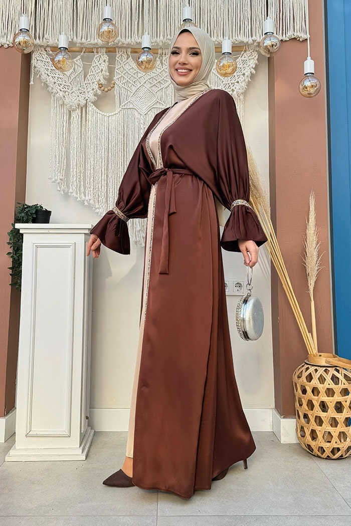 Bym Fashion Stone Embroidery Detailed Belted Dress Abaya Suit 3860 Brown  - Image 2