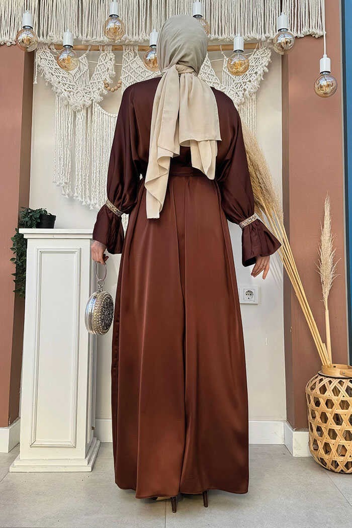 Bym Fashion Stone Embroidery Detailed Belted Dress Abaya Suit 3860 Brown  - Image 3
