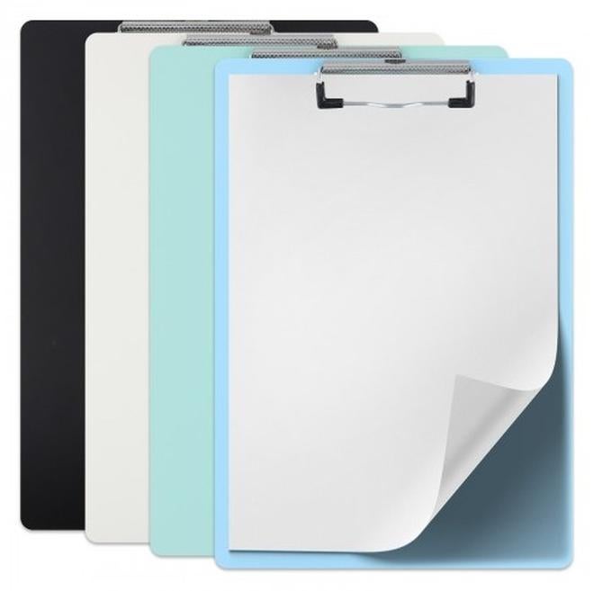 لوح كتابة بلاستيكي A4 مكون من 4 قطع بمشبك معدني - زوايا مستديرة، متين وخفيف الوزن، مناسب للمكتب والمدرسة والمنزل - أبيض، أسود، أزرق فاتح، أخضر فاتح - Image 1