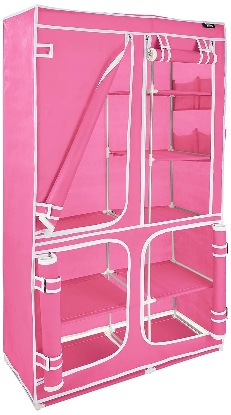 HRM Home Foldable Wardrobe Hanging Wardrobe 4 Doors 8 Shelf PP Collapsible Wardrobe in Pink - Image 2