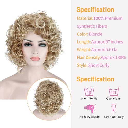 Kalyss Short Curly Wavy Blonde Wigs for Women Heat Resistant Synthetic Full Head Hair Costume Wig Natural Looking 130% Density Hairpiece - Image 5