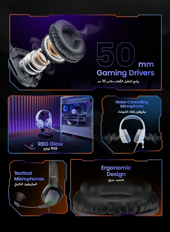 Faster BG500 Gekko Gaming Headphones with LED RGB, Ultra-Clear Mic, Deep Bass 40mm Drivers, Noise-Isolating Cushions, Adjustable Headband, Lightweight Design – Compatible with PC/PS4/PS5/Mobile (White) - Image 5