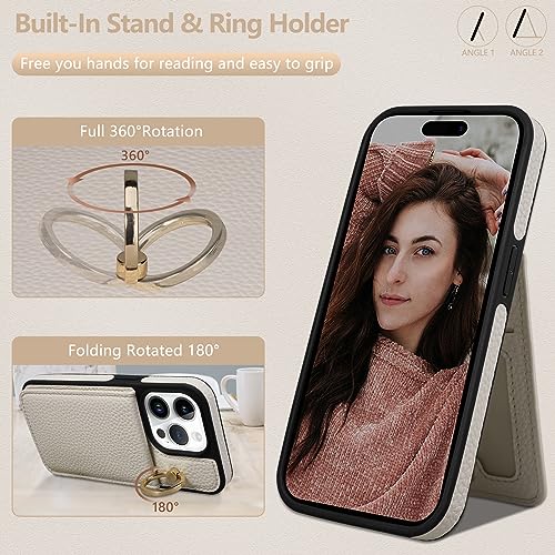 Keallce Case for iPhone 15 Pro 6.1'', Detachable Crossbody Wallet Case with RFID Blocking Card Slots, 360?Stand Ring, Flip Leather Protective Cover Lanyard Shoulder Strap Women for iPhone 15 Pro Beige - Image 5