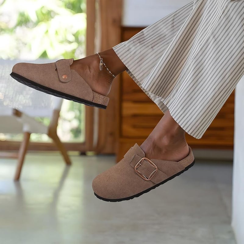 KIDMI Genuine Suede Clogs for Women Memory Foam Cork Footbed Potato Shoes Slip On Leather Mules with Big Buckle - Image 2
