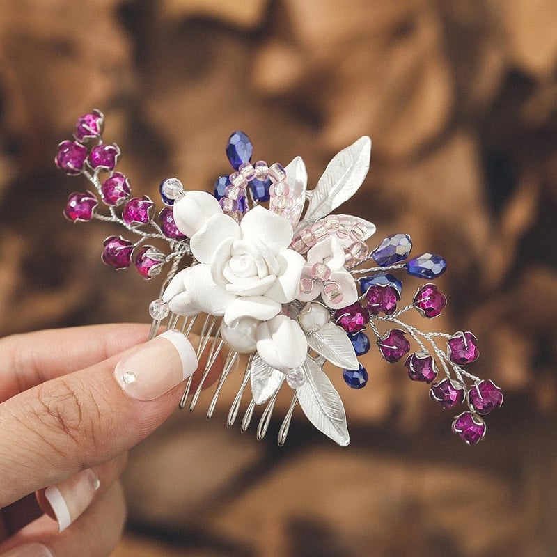 IYOU Flower Wedding Hair Comb Pink Crystal Hair Accessories Leaf Pearl Prom Bridal Headpiece for Women
