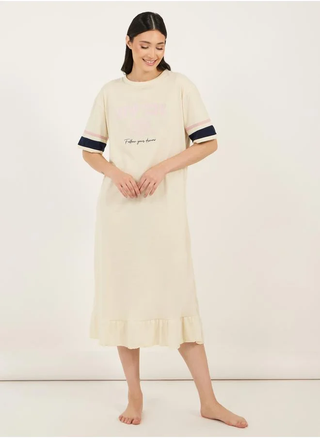 Styli Graphic Print Stripe Sleeves Ruffle Hem Sleep T-Shirt Dress