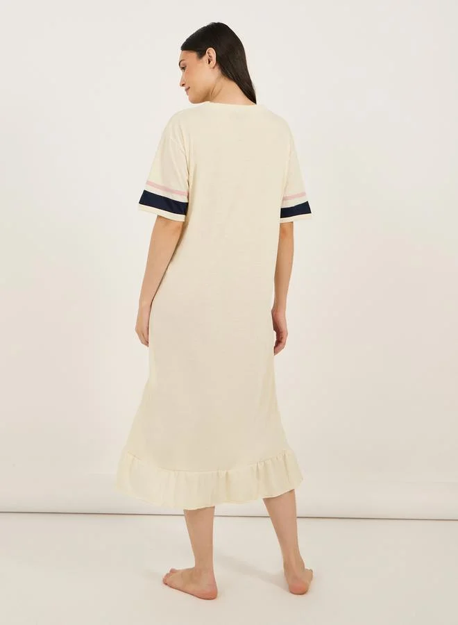 Styli Graphic Print Stripe Sleeves Ruffle Hem Sleep T-Shirt Dress
