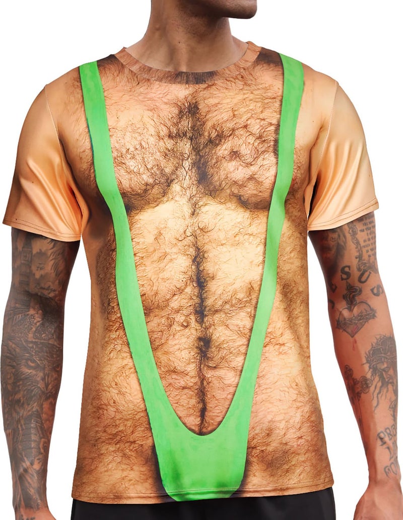 RAISEVERN Mens Muscle T-Shirt Fake Hairy Chest Funny Short Sleeve 3D Graphic Design Family Shirts Casual Cool Festival Crazy T Shirt Top Tees - Image 1