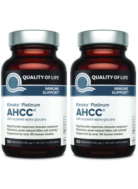 Quality of Life 2 Pack AHCC Kinoko Platinum 750 mg Premium Immune Support Supplement 60 Count Bottles