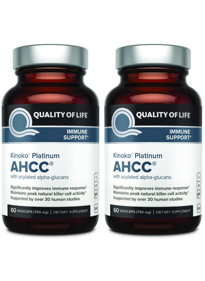 Quality of Life - Quality of Life 2 Pack AHCC Kinoko Platinum 750 mg Premium Immune Support Supplement 60 Count Bottles - Image 1
